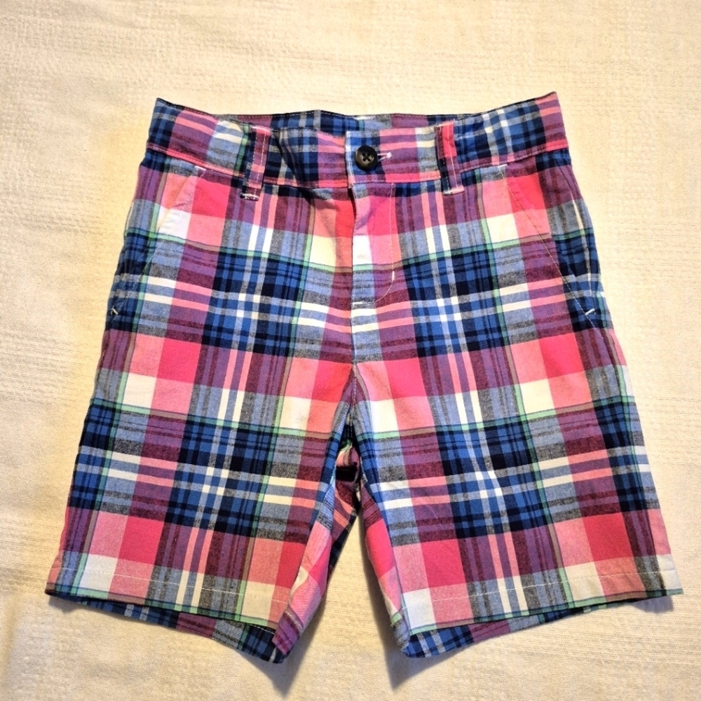 Janie and Jack boys size 5 pink, blue & white plaid shorts adjustable, EUC